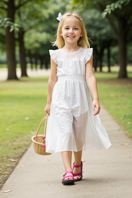 A cute 5-year-old blonde girl dressed in white walking with a butterfly beside her