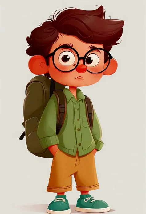 cartoon boy with glasses and a backpack standing in front of a white background, cute cartoon character, cute cartoon style, sim...