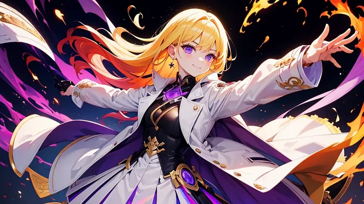 Highest quality,((Highest quality)),((Tabletop)),((Perfect Face)),1 girl.White and purple dress,White jacket,With a cane,Have a weapon,The flames flicker,Blonde,Purple eyes,smile,beauty,((Holographic))