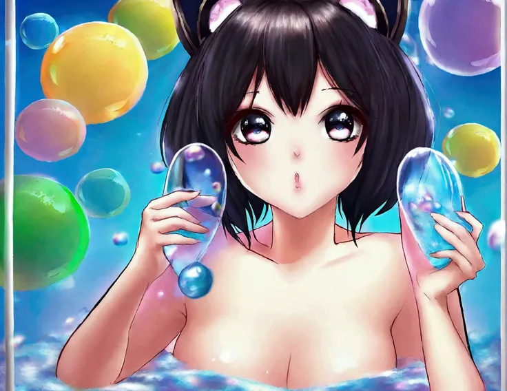 Xiaorou SeeU, age 20, in an adorable sexy cat girl, big eyes, naked, acting adorable playing with bubbles, she is enjoying a bubble bath, bathroom with bubble bath in tub, bubbles cover nsfw content
