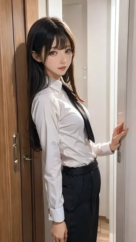 masterpiece, Highest quality, Very detailed, figure, Spectacular lighting, Structure of the film, Isoscale, One girl, alone, cute, Brown eyes, Black Hair, Swept-apart bangs, Single Side Lock, Red Hair Clip, White collared shirt, Black tie, Black trousers, ...