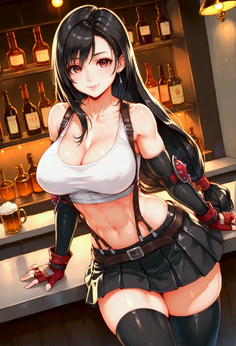 (score_9, score_8_up, score_7_up), BREAK  (masterpeace),(best quality),(aesthetic,very aesthetic),(highly detailed),Highest quality,UHD,HDR,1girl, tifa lockhart, final fantasy,(beautiful). black hair, low-tied long hair, red eyes, bangs, white tank top,gap...