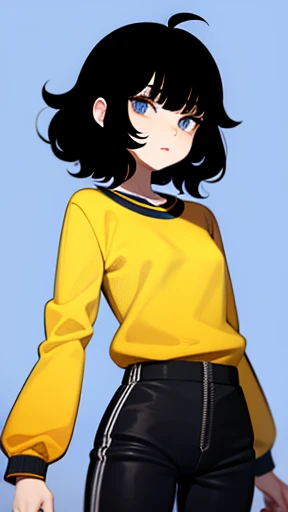 Splaat klasky csupo, black hair, blue eyes, puffy hair, short products hair, red lips, yellow skin, ahoge, bangs, black shirt, black pants, long sleeves, blue background, splatters background, anime waifu style