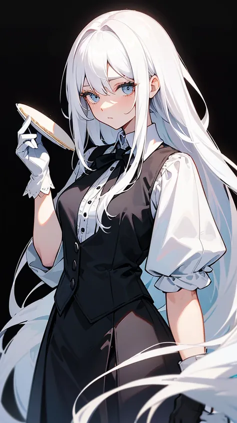 ((White hair)),((Head and Shoulders Image)),(super-long hair),Sexy,A person,Alone,Simple style,pancake ,Simple details,Black background,Empty background,Black background wall,(20 year old woman),(Cotehardie),(White Gloves),Lace Shirt,Waistcoat