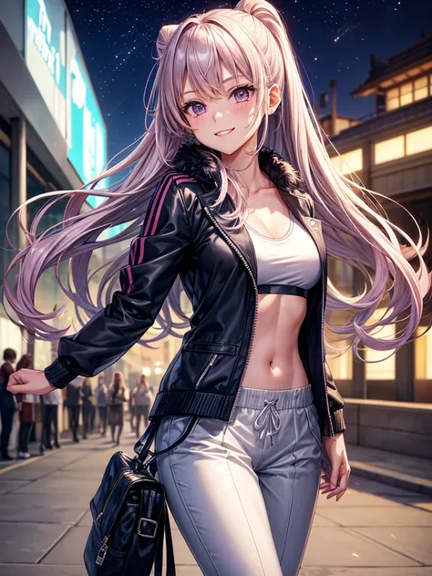 best quality，，smile，blazer，swimsuit，School，Collective of girls，Track jacket，Physical education class，JK，Sexy and cute，future，Wearing a fastener bra，zipper bra，Long Hair，She has her bangs down，Purple Eyes，evolution系ファッション，Cuteness at its finest，Sparkling，Tr...