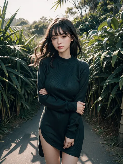 (full-length shot:1.4), (Best quality:1.3), 23y, 1sexy girl, JAV, (big breast:1.2), (tosca sweater dress), (cute face:1.4), wavy short hair blowing in the wind, (bangs:1.2), jump posing in the bamboo plants, dramatic moment, kodacrhome, cinematic dark ligh...