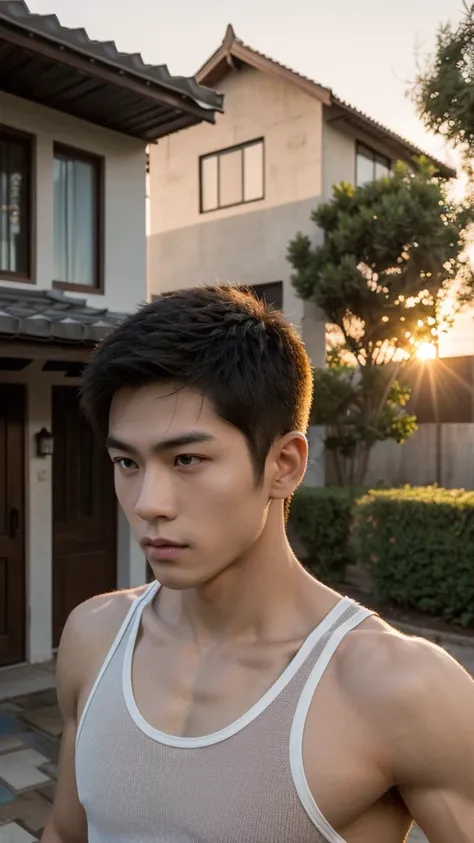 photo of a muscular Asian boy, shorth hair, wearing a tank top, outside a house, deitado na grama, sunset, looking ahead at viewer,  . Extremely high resolution details, photographic, realism taken to the extreme, fine texture, stunningly lifelike