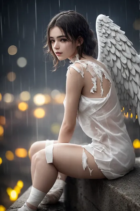 a woman with angel wings, in a white dirty torn dress with bandages on her arms and legs, sitting on a ledge, sitting against the background of yellow and blue lights, rain, muted colors, bokeh ((masterpiece, best quality)), high detail, detailed face, blo...