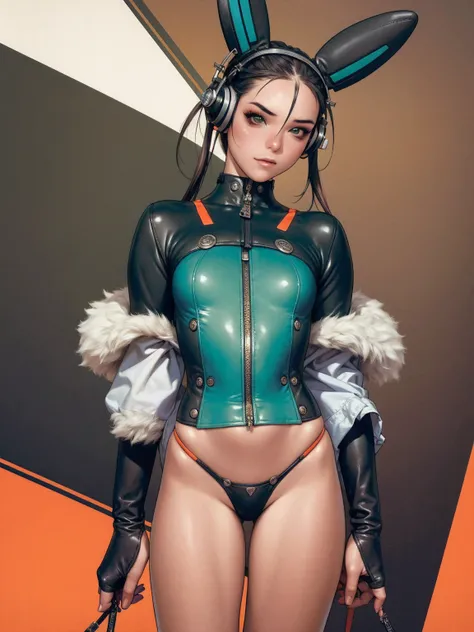 (best qualityer))), (((manga strokes))), (((Headphones))), (((Green devices))), Bunny ears and Googles on the forehead, (((tiny thong shorts))), uma Kizi jovem muito bem vestida com roupas modernas de inverno, short top, short jacket with dark fur collar, ...