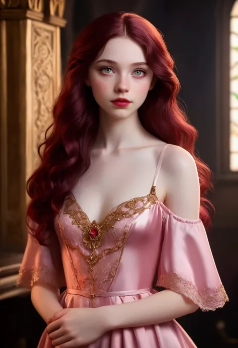 An 18 years old girl with pale skin and long, wavy burgundy hair. large and pink eyes, with full blood red lips, with an adorable, and innocent face. She should have a happy expression, wearing a pink, gold, and rose gold colored negligee, with an elegant ...