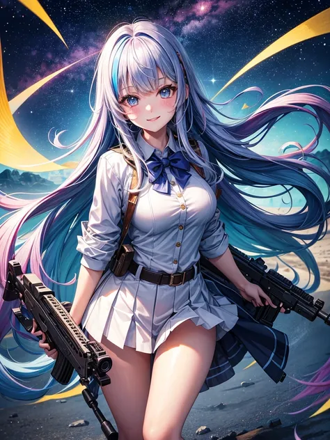 middle School girls，smile，Beautiful girls，Beautiful girl from another world，Girl holding an assault rifle，The best quality to get you horny，Psychic，Wizard，battle，Multi-colored hair，Perfect Girl，Super cute girl，Ocean，Starry sky background，Cute uniform，Unifo...