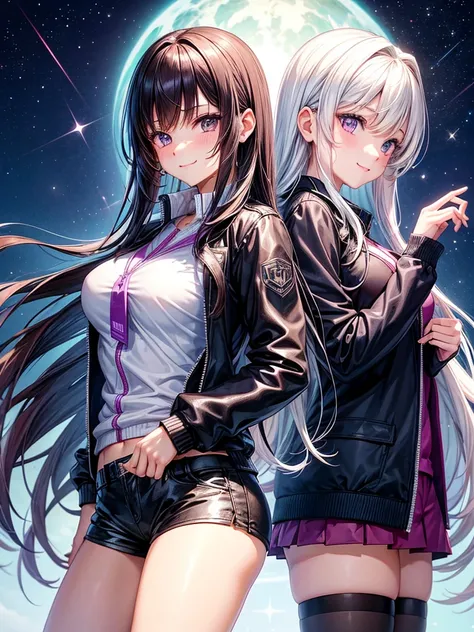 best quality，，smile，blazer，swimsuit，School，Collective of girls，Track jacket，Physical education class，JK，Sexy and cute，future，Wearing a fastener bra，zipper bra，Long Hair，She has her bangs down，Purple Eyes，evolution系ファッション，Cuteness at its finest，Sparkling，Le...