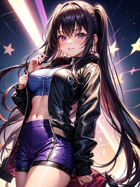 best quality，，smile，blazer，swimsuit，School，Collective of girls，Track jacket，Physical education class，JK，Sexy and cute，future，Wearing a fastener bra，zipper bra，Long Hair，She has her bangs down，Purple Eyes，evolution系ファッション，Cuteness at its finest，Sparkling，Le...