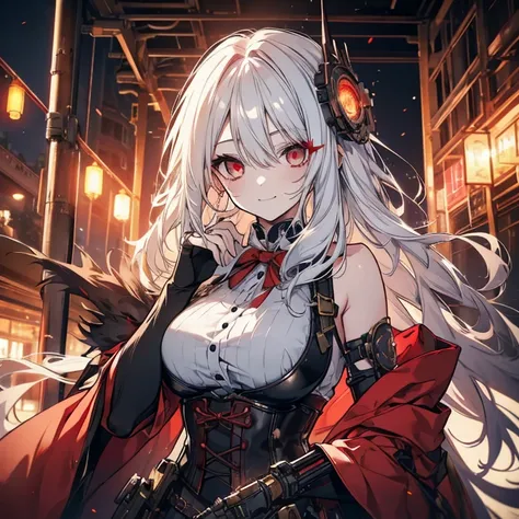 1 girl、Mature、Ample breasts、Long Hair、White Hair、Long Hair、Red Eyes、steampunk outfit、dress、黒いdress、Shoulder Bare、Crazy Smile Corset、basement、Steampunk city、Broken glass、explosion、fire、Sparks fly、Chemical plant、mad scientist、cyborg、Prosthetic arm、Eye patch、...