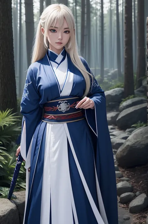 Create a demon slayer oc she wears the uniform of the oni hunters and a white kimono with blue details she has light blonde hair with touches of blue in it she has a dark blue sword at her waist and has a smirk and the scenery in the background is a light ...