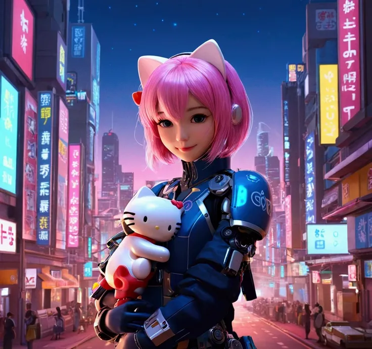 best quality, Background&#39;4K screen, head of&#39;artwork, extremely detailed CG unity 8k wallpaper, extremely detailed eyes, extremely detailed, intricate details, 
1 fille, la science-fiction, (h1c4tt3ch mecha, cuddle Hello Kitty doll, cyberpunk, happy...