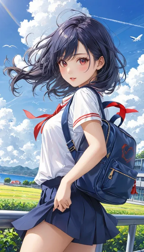  Photo quality、4K、woman，Dark blue high 、whiteいシャツ、Red ribbon、Navy blue school bag、通学Wind景、School、white，art，advertisement，Colored pencil drawing，draft 、Summer Girl、Wind、whiteいレースのパンツがWindで見える