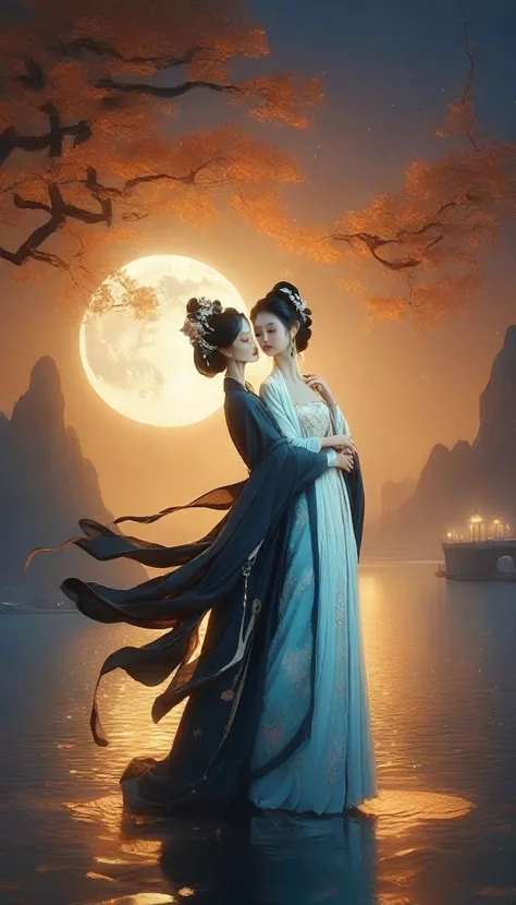 woman in a long dress and hat dance tango with a man in suit a pier at night, digital art by Cyril Rolando, pixabay contest winner, digital art, walking towards the full moon, beautiful and mysterious, standing in moonlight, walking in the moon, in the moo...