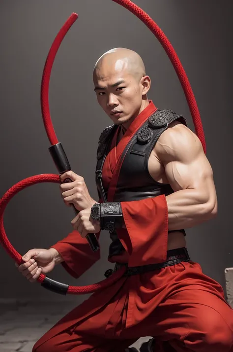 1 Shaolin monk, red and black clothes, nunchako