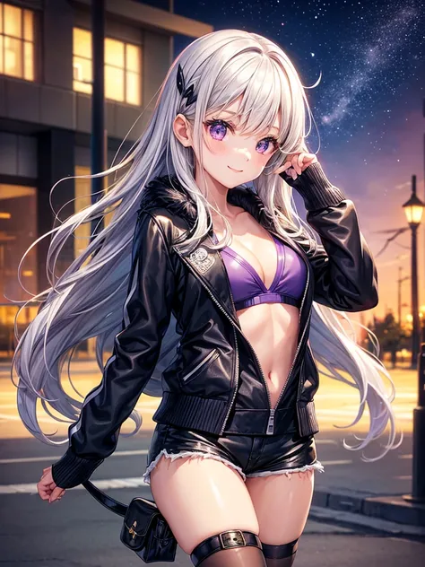 best quality，，smile，blazer，swimsuit，School，Collective of girls，Track jacket，Physical education class，JK，Sexy and cute，future，Wearing a fastener bra，zipper bra，Long Hair，She has her bangs down，Purple Eyes，evolution系ファッション，Cuteness at its finest，Sparkling，Le...