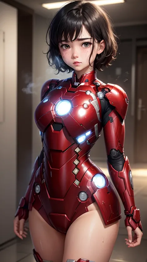 Highest quality　8k Iron Man Suit Girl　Elementary school girl　Sweaty face　cute　short hair　boyish　Steam coming from the head　My hair is wet with sweat　Black Hair