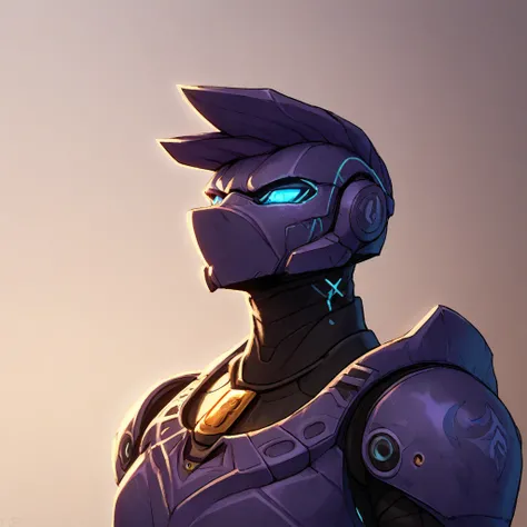 The image portrays a detailed close-up of a Reploid character from the MegaMan X series. The character has an intense, focused expression with a slight frown, emphasizing determination. The helmet, covering the top of the head, is predominantly white with ...