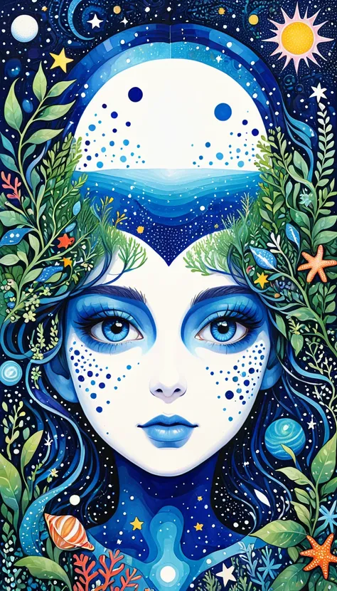 Psychedelic Art。plant、Marine Life、Eye、Starry Sky，Abstract painting of joints，Describing the inner world of autistic people，Sense of space，Blank，White space，Pointillism method，Childish lines，Klein Blue