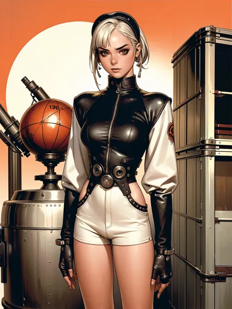 (best qualityer))), (((manga strokes))), (((white bob hair with short straight bangs and red highlights))), (((Lucy Cyberpunk the anime))), (((short shorts with 2 side stripes))), uma Kizi jovem muito bem vestida com roupas modernas de inverno, top gift ve...