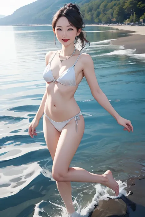 Beautiful and mature 55 year old Japanese woman, Married women, Fine Lines, Long eyelashes, Shining Eyes, Low Ponytail, Wearing glasses, Red lipstick, elegant, Gorgeous figure, Pearl Necklace, Small breasts, Sheer bikini, Nipples, Diving in the ocean, swim...