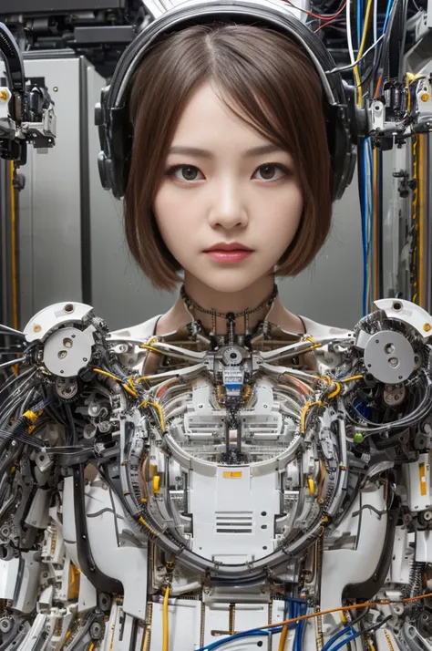 NSFW(((masutepiece))), (((Best Quality))), ((Ultra-detailed)), (extremely detailed photo), ((extremely delicate and beautiful)),(Cute delicate face),((Half of the face is a machine)),Cinematic Light,((one Mechanical Girl and expressionless:2)),Solo,Full bo...