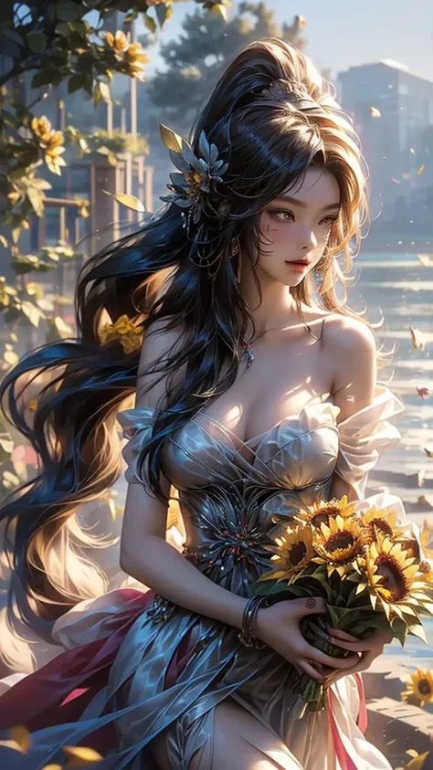 sunflower花田,20 years old,full of sunshine,splendid,sunflower女神（oriental goddess）,Large Breasts,Long hair in a ponytail,sunflower長身裙, hand basket,bouquet（sunflower）,