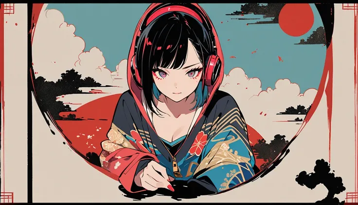 (((Ink Painting))), (((seiza))), (((from below))), (((Flashy makeup))), (((Japanese style headphones))), (((Japanese pattern hoodie))), (((Put on the hood))), Japan人の美少女, Black Hair, Delicate and precise, Modern ukiyo-e style,Japan, Japanese flag, vivid co...