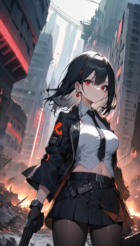 delicate girl, extremely detailed portrait, white long hair, medium length hair, large breasts, red eyes, perfect anatomical structure, cyberpunk city, white shirt, black jacket, black skirt, navel, belt, black gloves, tie, watch, earrings, sheer black leg...