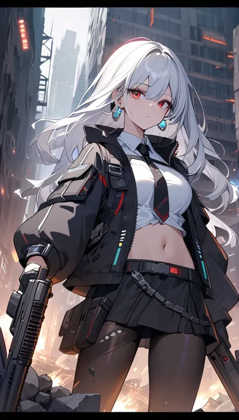 delicate girl, extremely detailed portrait, white long hair, medium length hair, large breasts, red eyes, perfect anatomical structure, cyberpunk city, white shirt, black jacket, black skirt, navel, belt, black gloves, tie, watch, earrings, sheer black leg...