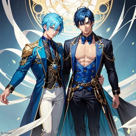 masterpiece, Best Quality, painting of ((a strikingly handsome and muscular man with short vibrant blue hair and captivating blue eyes.)), dressed in an intricate dark blue costume, vest, inspired by water, steampunk, exuding confidence, depicted in a dyna...