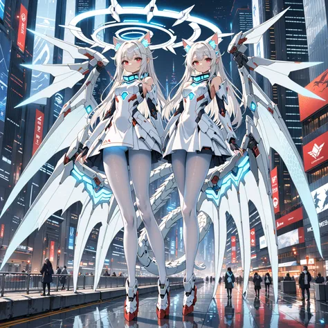 masterpiece, highest quality, highest resolution, clear_image, detailed details, white hair, long hair, 1 girl, cat ears, red eyes, futuristic dragon wings (12 wings), futuristic halo, white sci fi mecha dress, white scarf (around the neck withn a light bl...