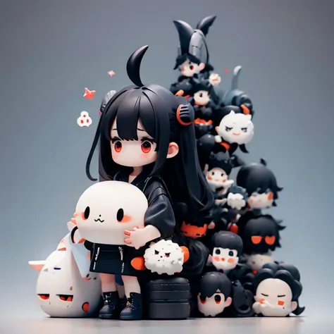 young girl,,wearing a one-piece dress,mini character,red eyes,black hair,long hair,dark atmosphere,deformed character,horns grow...