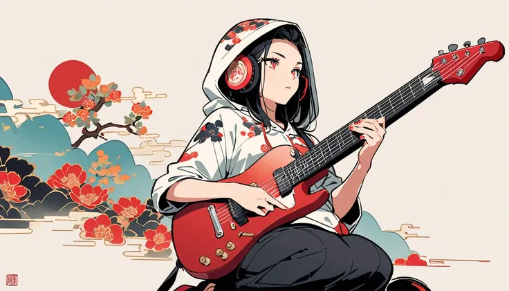 (((Ink Painting))), (((seiza))), (((from below))), (((Flashy makeup))), (((Japanese style headphones))), (((Japanese pattern hoodie))), (((Put on the hood))), (((Electric guitar))), Japan人の美少女, Black Hair, Delicate and precise, Modern ukiyo-e style,Japan, ...