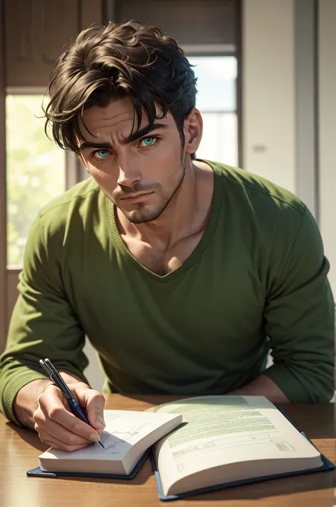 man staring at notebook , pen in hand , notebook on the table , green power eyes