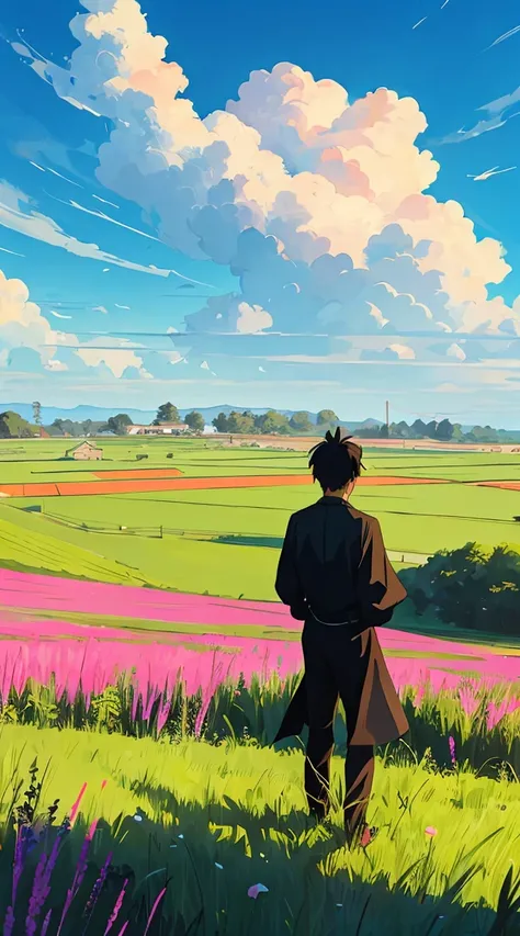 An anime man standing solemnly in a vast field of lush green grass, under an expansive sky with vibrant, blue clouds. The landscape is breathtakingly beautiful, depicted in ultra HD with high detail. The scene is vibrant and designed to look like an award-...