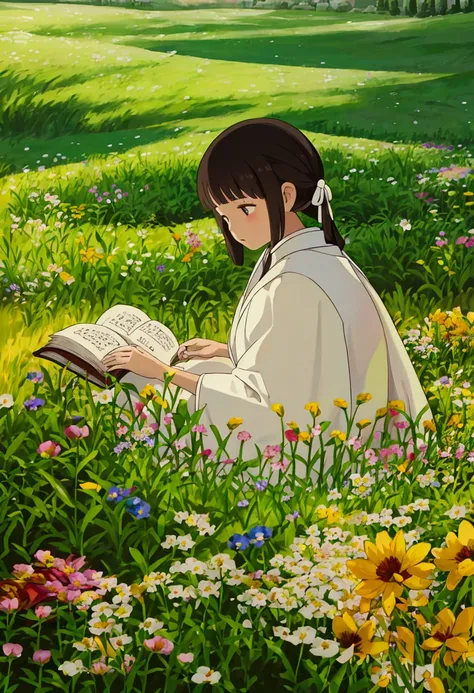 arafed woman sitting in a field of flowers reading a book, white hanfu, palace ， a girl in hanfu, girl sitting in a flower field, by Yang J, sitting in a field of flowers, in a field of flowers, in a cottagecore flower garden, hanfu, in a field with flower...