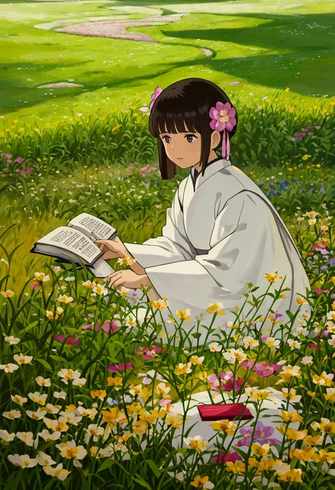 arafed woman sitting in a field of flowers reading a book, white hanfu, palace ， a girl in hanfu, girl sitting in a flower field, by Yang J, sitting in a field of flowers, in a field of flowers, in a cottagecore flower garden, hanfu, in a field with flower...