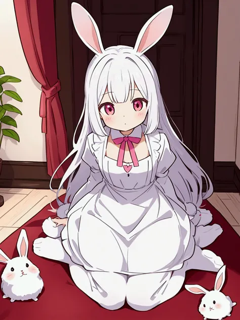 kemono, rabbit woman, mature, cute look, dress, domestic environment, traditional design, flat ilumination