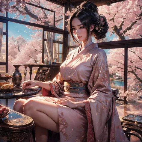 A beautifully detailed and aesthetic image of a girl wearing a kimono. She has strikingly detailed eyes, surrounded by light particles that enhance the delicate features of her face. The scene includes cherry blossoms in the background, adding to the seren...