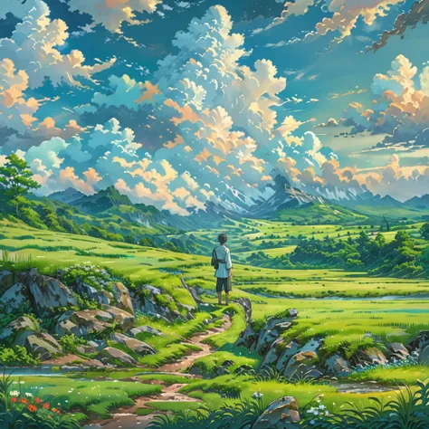 An anime man standing solemnly in a vast field of lush green grass, under an expansive sky with vibrant, blue clouds. The landscape is breathtakingly beautiful, depicted in ultra HD with high detail. The scene is vibrant and designed to look like an award-...