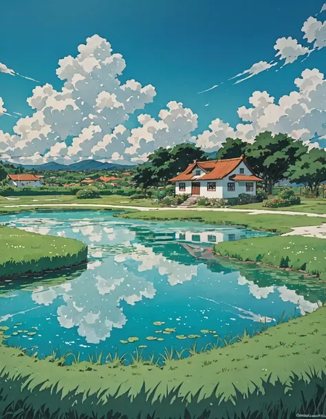  green grass, Meadow, anime studio casa de campo sol ghibli Pape l pintado de lirio blanco,        white themed background, blue water pond, white clouds in the background
