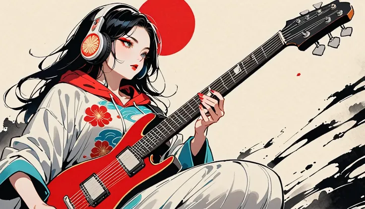 (((Ink Painting))), (((seiza))), (((from below))), (((Flashy makeup))), (((Japanese style headphones))), (((Japanese pattern hoodie))), (((Put on the hood))), (((Electric guitar))), Japan人の美少女, Black Hair, Delicate and precise, Modern ukiyo-e style,Japan, ...