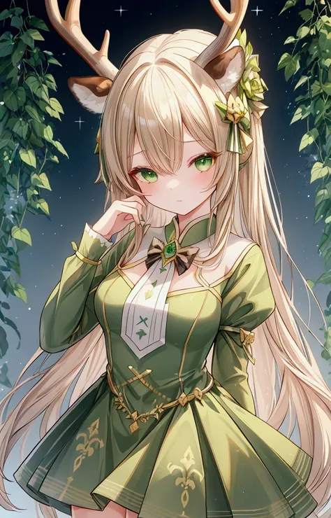 (masterpiece、premium quality、ultra detailed) , (1 girl), antler head, animal ears, deers ears, hair over one eye, green eyes, green dress