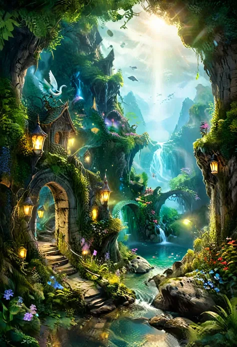 a hidden fantasy world with magical creatures,majestic landscapes,enchanted forests,sprawling mountains,mystical rivers,mythical...