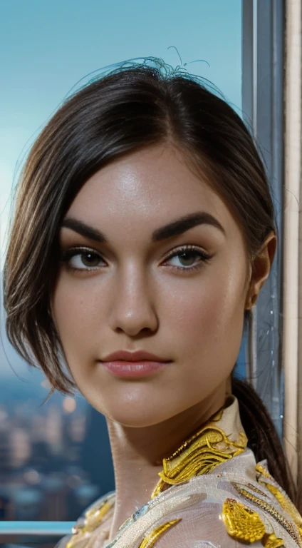 photo of Sasha Grey, RAW, beautiful woman, ((portrait)), ((detailed face:1.2)), ((detailed facial feature, detailed skin, clear skin), (perfect proportioned body), (wearing a colorful sexy dress) (high detailed city environment, apartment balcony), (realis...